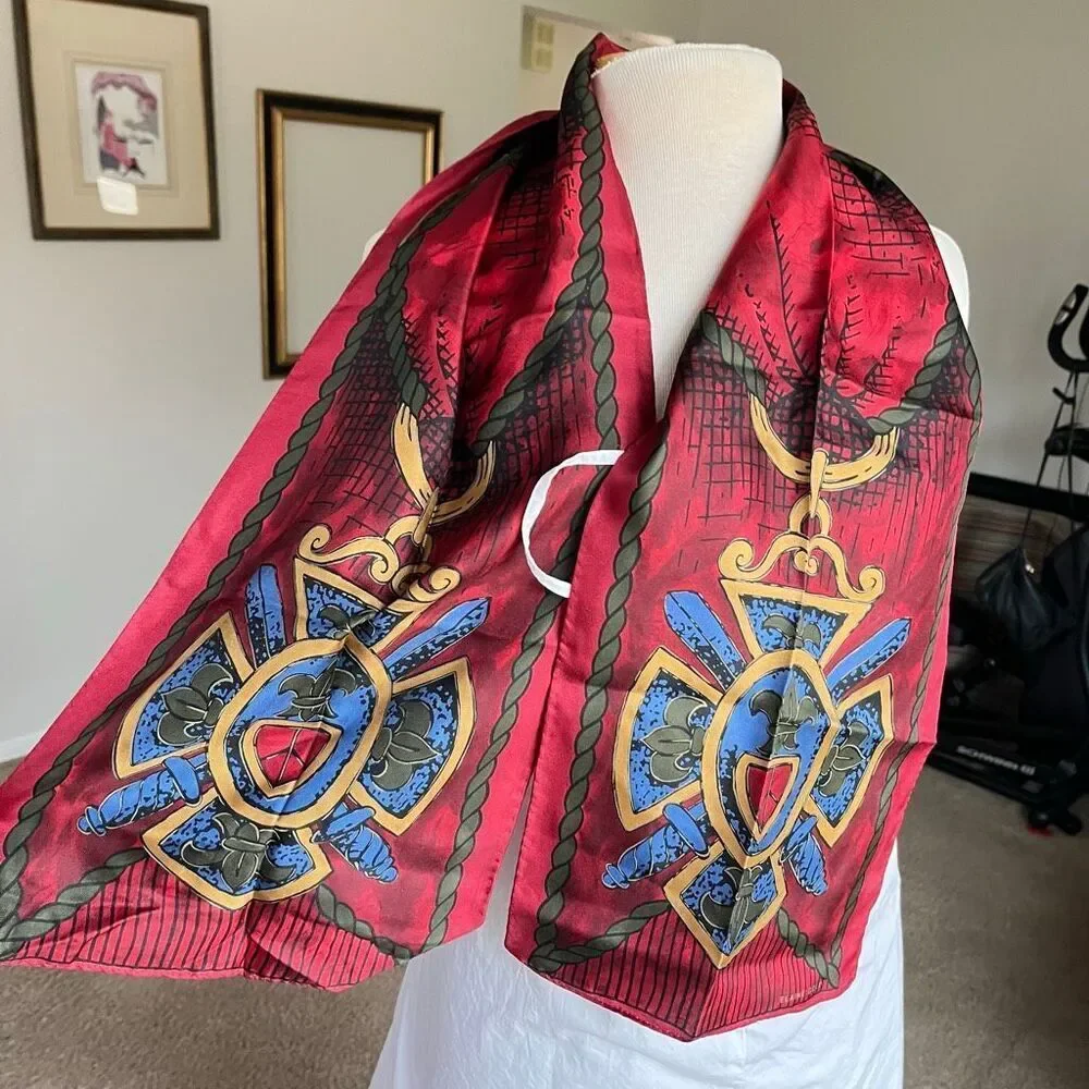 VTG Silk Scarf Elaine Gold Crest Shield Red Gold Equestrian Wrap 50